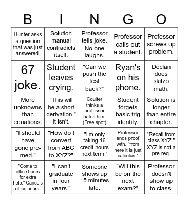 ME Junior Year Bingo Card