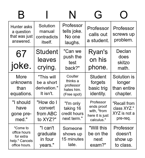 ME Junior Year Bingo Card