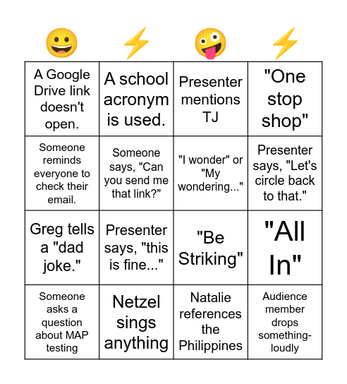 Institute Day Bingo Card