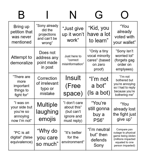 Sony Bootlicker Bingo Card