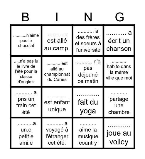 Bingo pour faire connaissance avec  ma classe Bingo Card