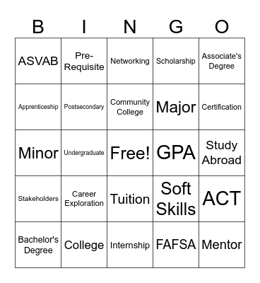 College & Career Bingo Card