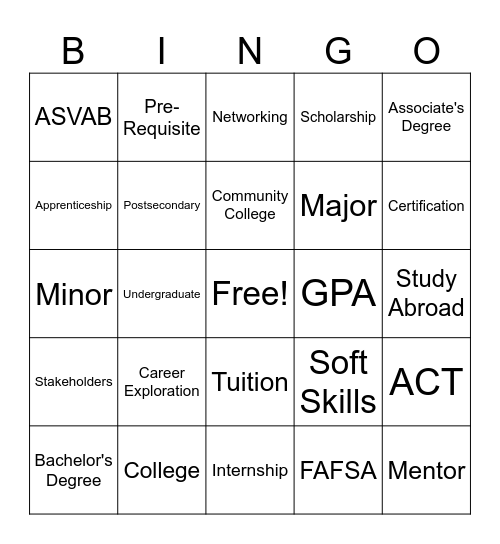 College & Career Bingo Card