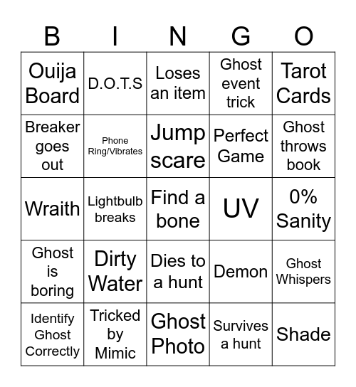 Phasmophobia Bingo Card