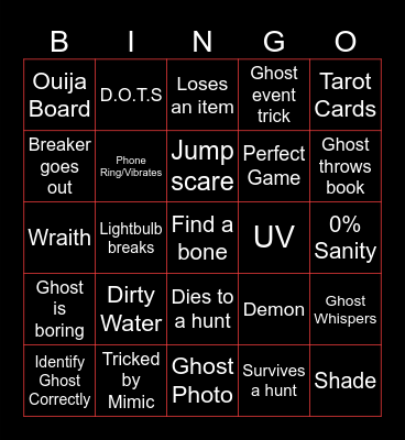 Phasmophobia Bingo Card