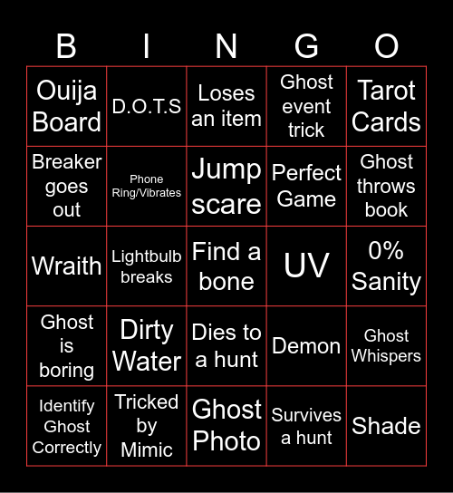 Phasmophobia Bingo Card