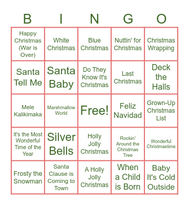 Christmas Song Bingo Card