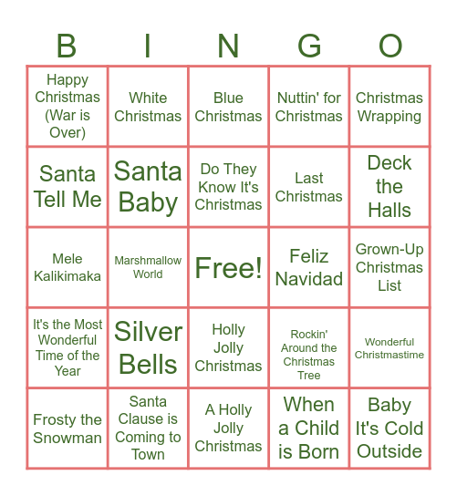 Christmas Song Bingo Card