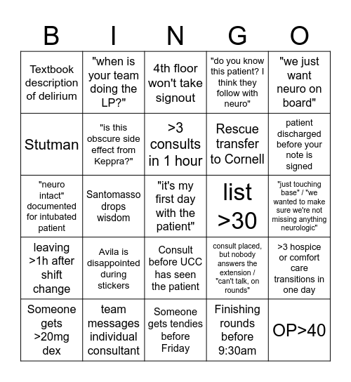 MSK Neuro Consults 8/17/26 Bingo Card