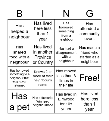 Getting to Know Your Neighbours Bingo Card