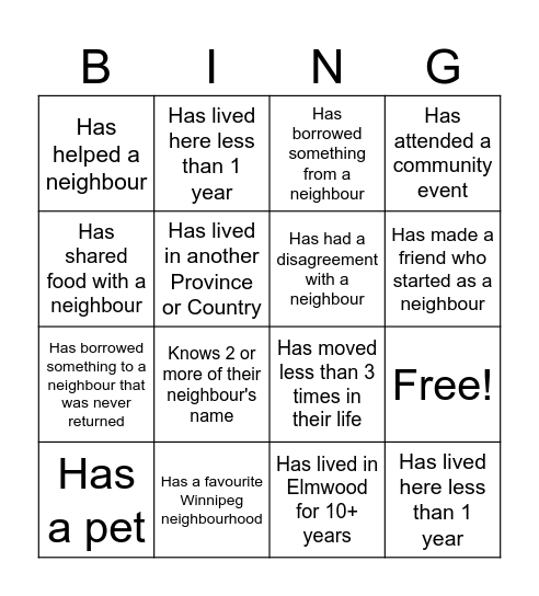 Getting to Know Your Neighbours Bingo Card