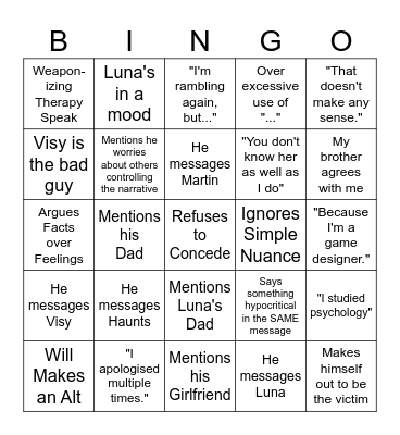 The Will Meltdown Bingo Card