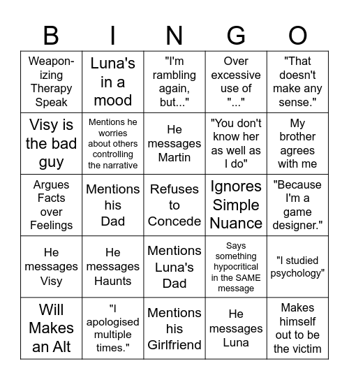 The Will Meltdown Bingo Card