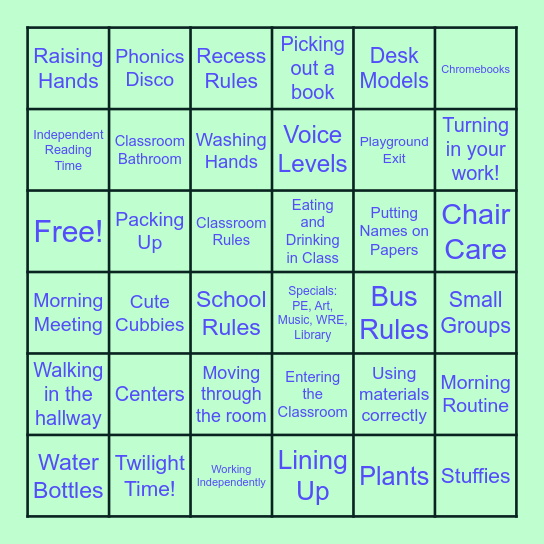 Routines and Procedures Bingo! Bingo Card