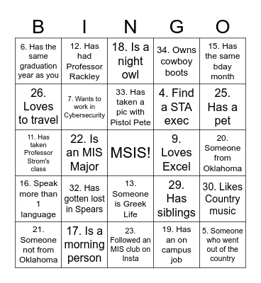 MSIS MIXER Bingo Card