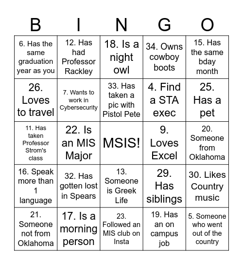 MSIS MIXER Bingo Card