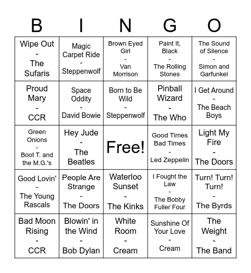 60's Rock Anthems Bingo Card