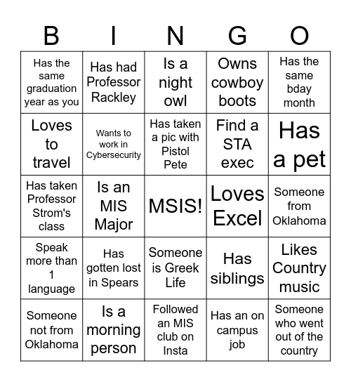 MSIS MIXER Bingo Card