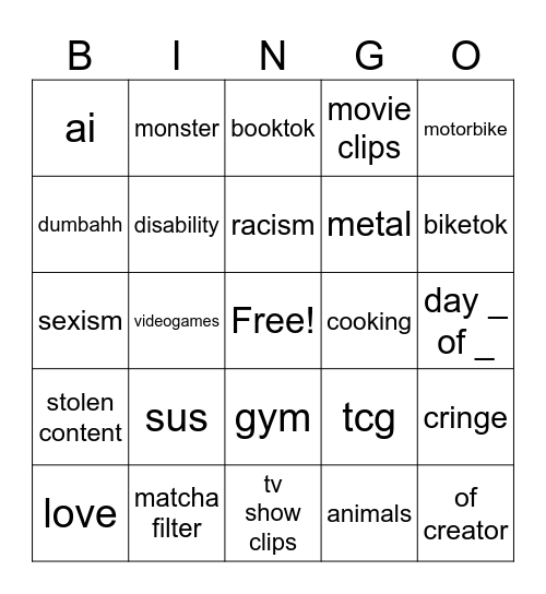 TikTok fyp bingo Card