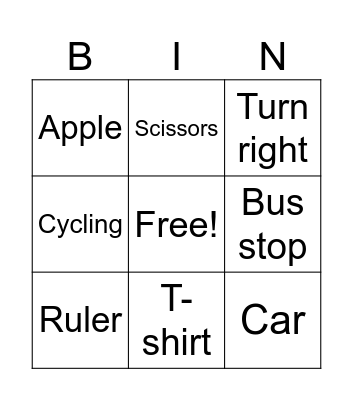English vocabulary Bingo Card