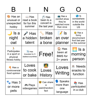Class Patterns Bingo Card