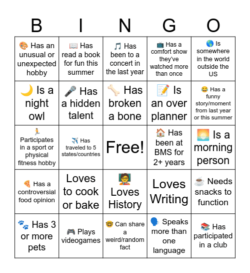 Class Patterns Bingo Card