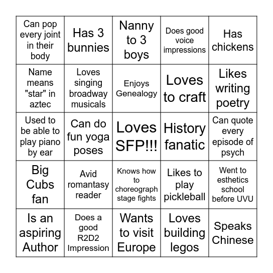 SFP Intern Bingo Card