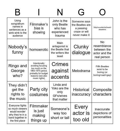 Beatles biopic bingo Card