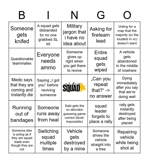 Squad Bingo 2.0 Bingo Card