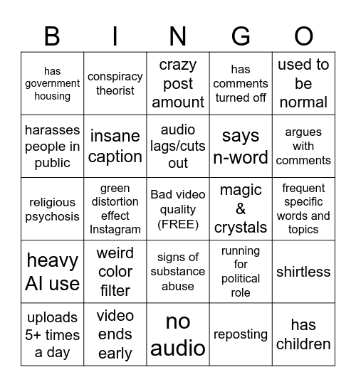 Schizo Gram Bingo Card