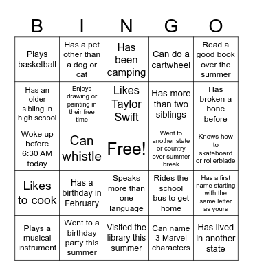 7th grade BINGO list Bingo Card