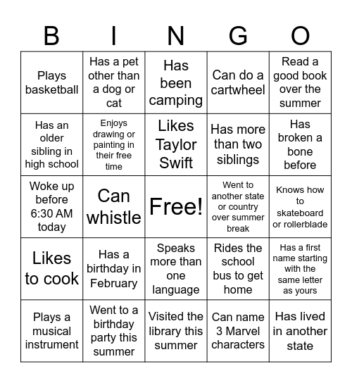 7th grade BINGO list Bingo Card