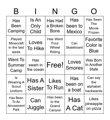 Scout "Get to know you" Bingo Card