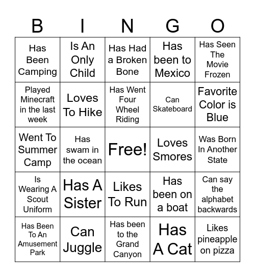 Scout "Get to know you" Bingo Card