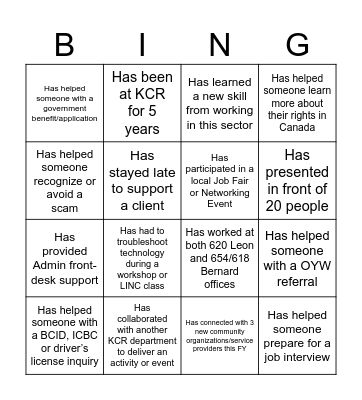 KCR Bingo Card Bingo Card