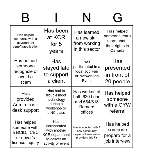 KCR Bingo Card Bingo Card