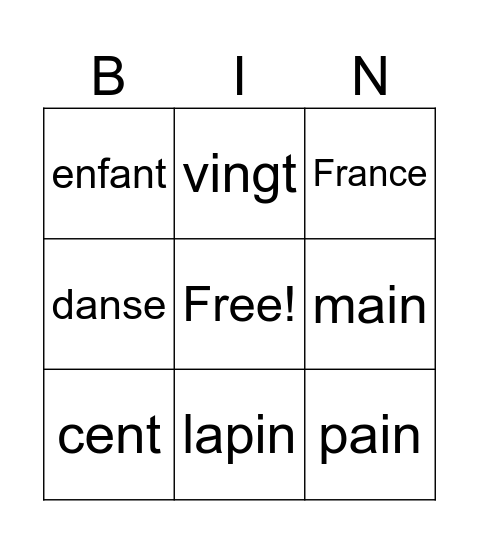 French sounds: AN and IN Bingo Card