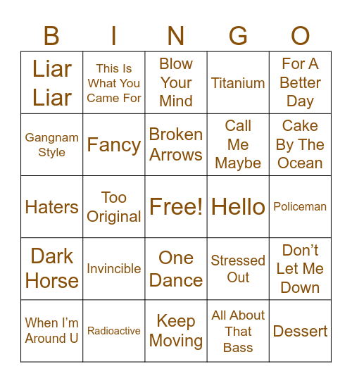 Chansons 2014-2016 Bingo Card