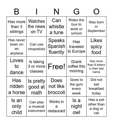 Find someone in class who... Bingo Card