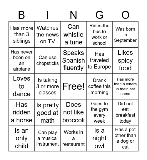 Find someone in class who... Bingo Card