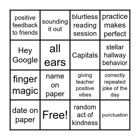 Behavior Bingo Card