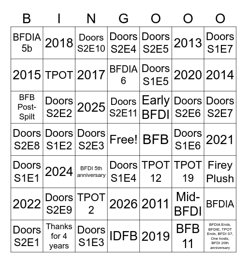 Doors Series Bingo Card