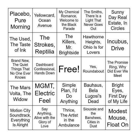 Round 2: Emo Evolutions Bingo Card