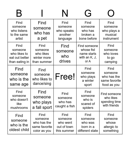 Get to Know Each Other Bingo Card