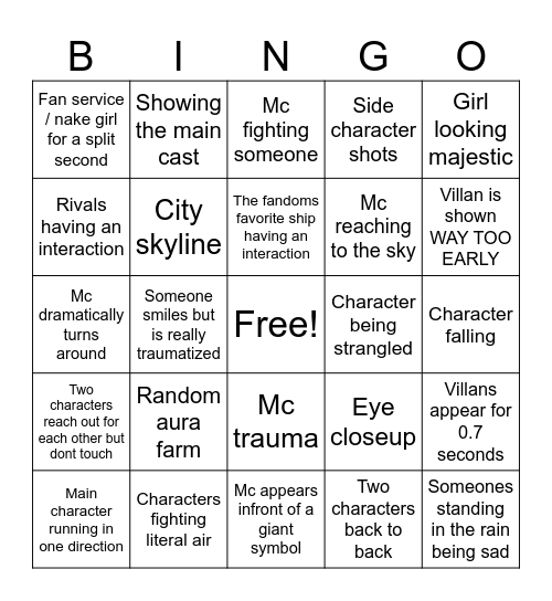Anime opening bingo Card