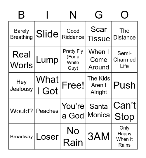 90's Alternative Bingo Card