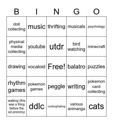 things i like Bingo Card