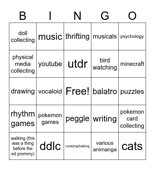 things i like Bingo Card