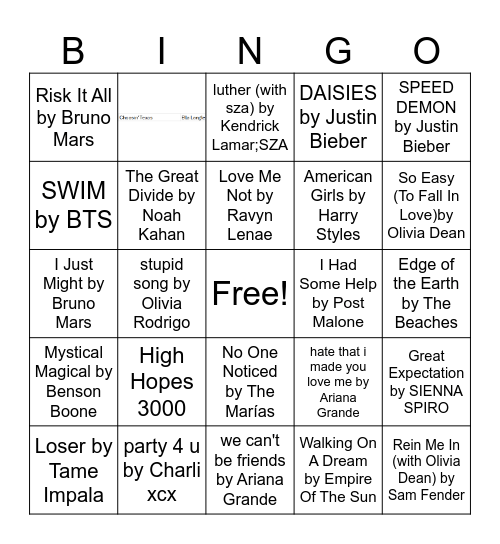 Today's Top Hit's Bingo Card