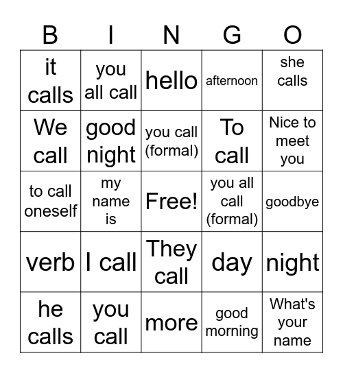 Spanish 1 wk 1 Bingo Card